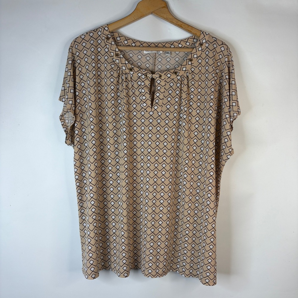 Notations Woman Top Women 3X Tan Geometric Diamond Grommet Keyhole Blouse